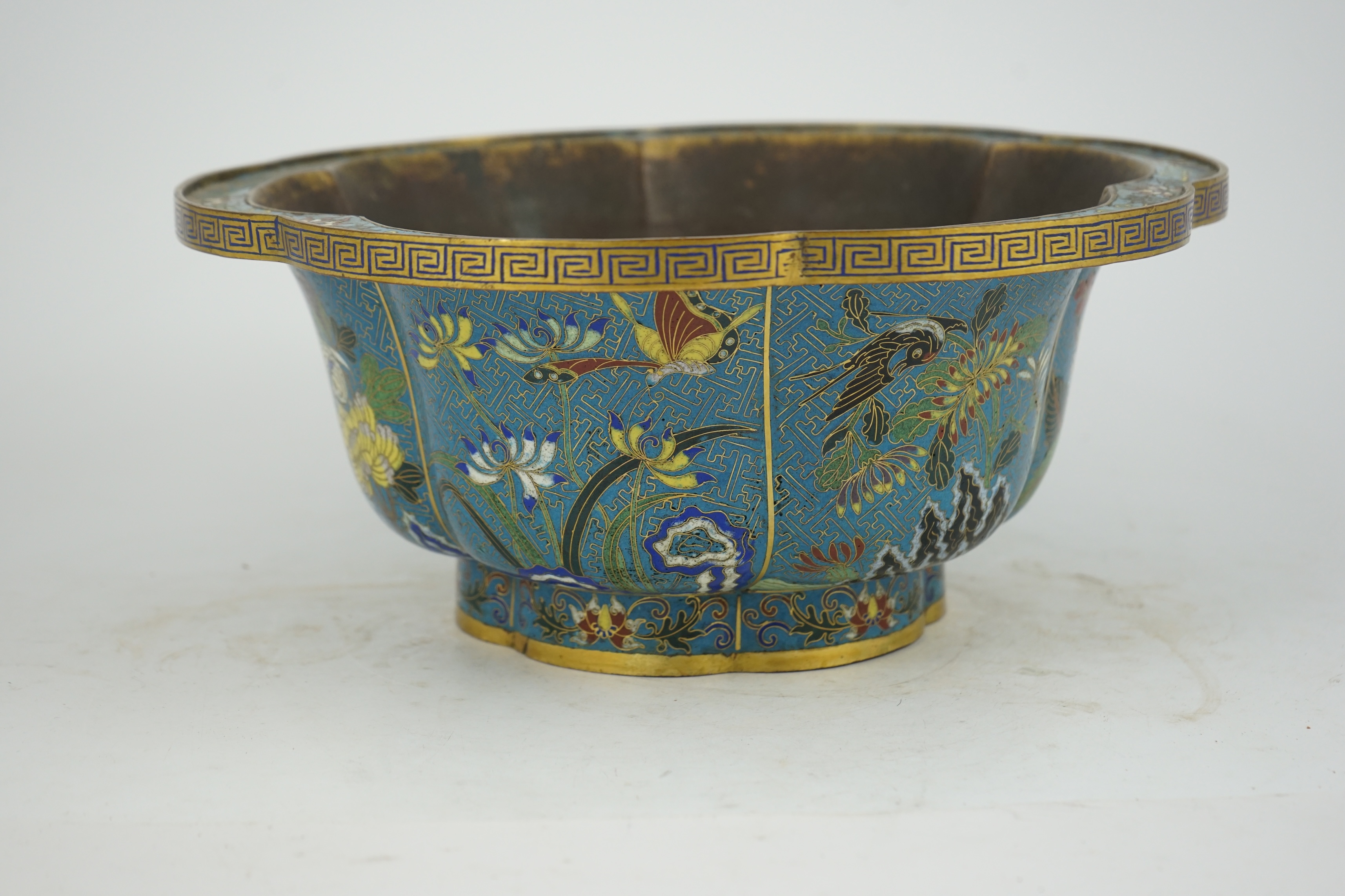 A Chinese cloisonné polychrome enamel petal lobed jardiniere, Jiaqing period